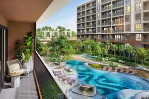 Pool area of condo in Karon