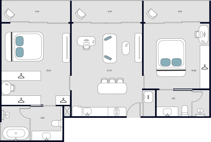 Роскошные апартаменты с 2 спальнями в комплексе Essence Residence на Раваи, Пхукет планировка