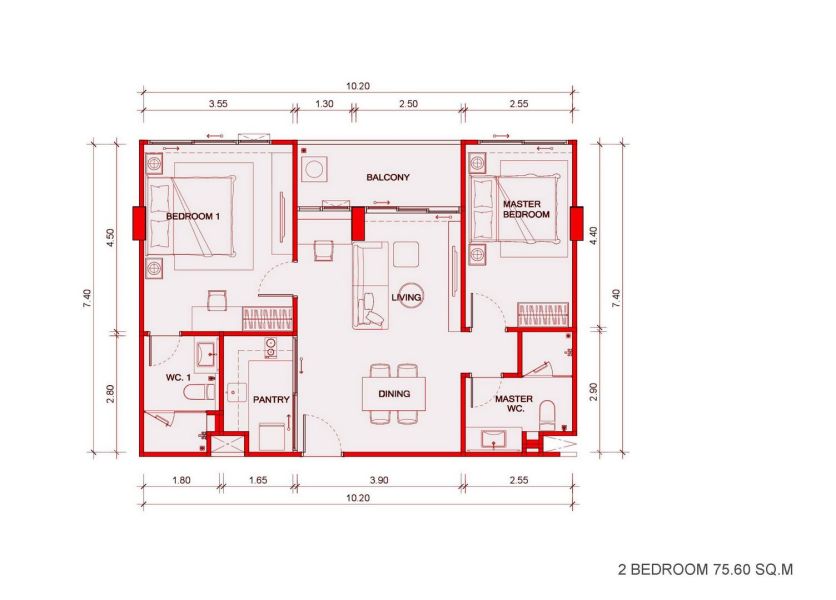 Апартаменты с 2 спальнями в Bellevue Lagoon на Банг Тао, Пхукет планировка