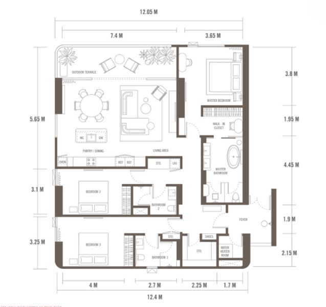 Роскошные угловые апартаменты с 3 спальнями в жилом комплексе The Standard Residences на Банг Тао, Пхукет планировка