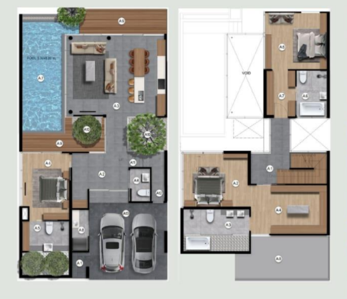 Двухэтажная вилла с 3 спальнями и бассейном в Rainplam Villas, Пхукет планировка