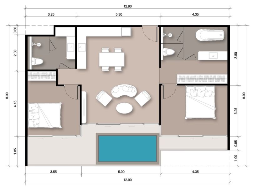 Апартаменты с 2 спальнями в комплексе The Forest Patong Residence, Пхукет планировка